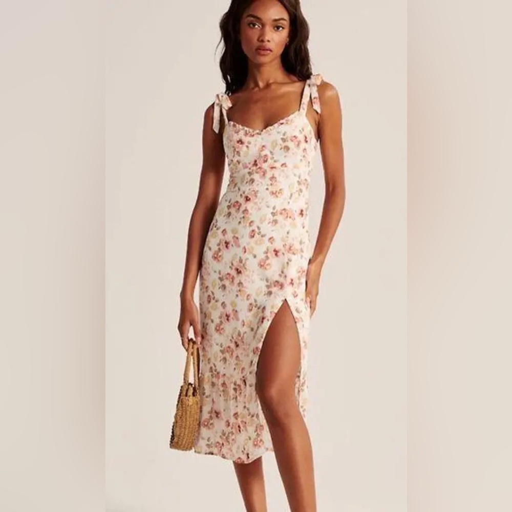 Abercrombie & Fitch Cream Floral Tie-Shoulder Midi Dress